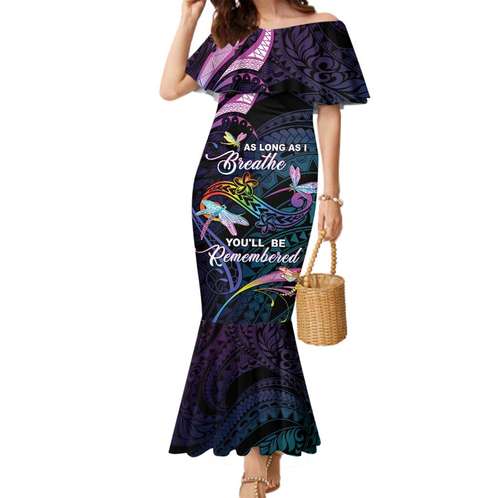 Personalised Polynesia Memorial Family Matching Mermaid Dress and Hawaiian Shirt Always Remembered Dragonfly Polynesian Style
