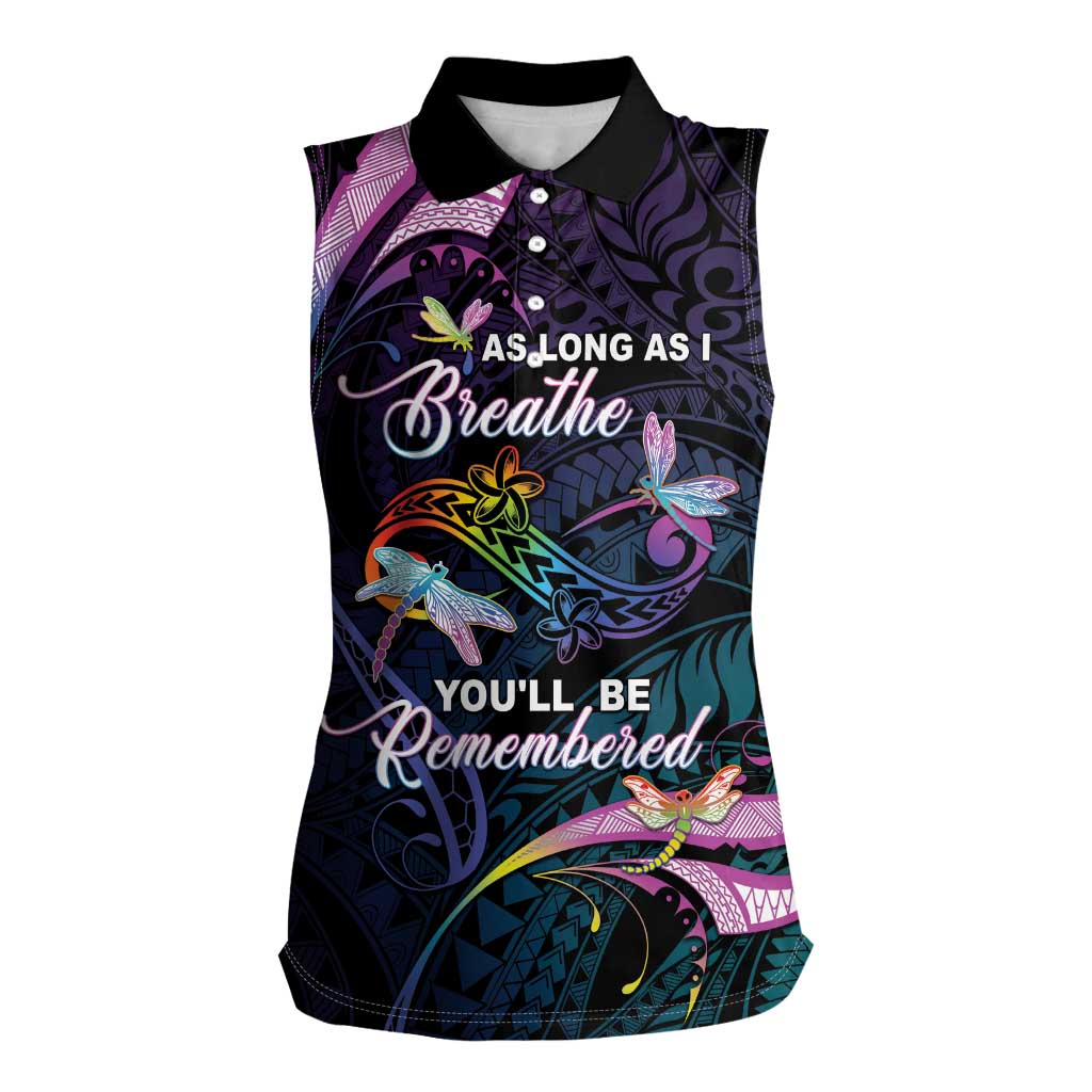 Personalised Polynesia Memorial Women Sleeveless Polo Shirt Always Remembered Dragonfly Polynesian Style