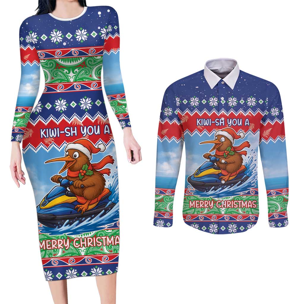 New Zealand Christmas Couples Matching Long Sleeve Bodycon Dress and Long Sleeve Button Shirt Funny Jet Ride Kiwi Xmas - Polynesian Pride