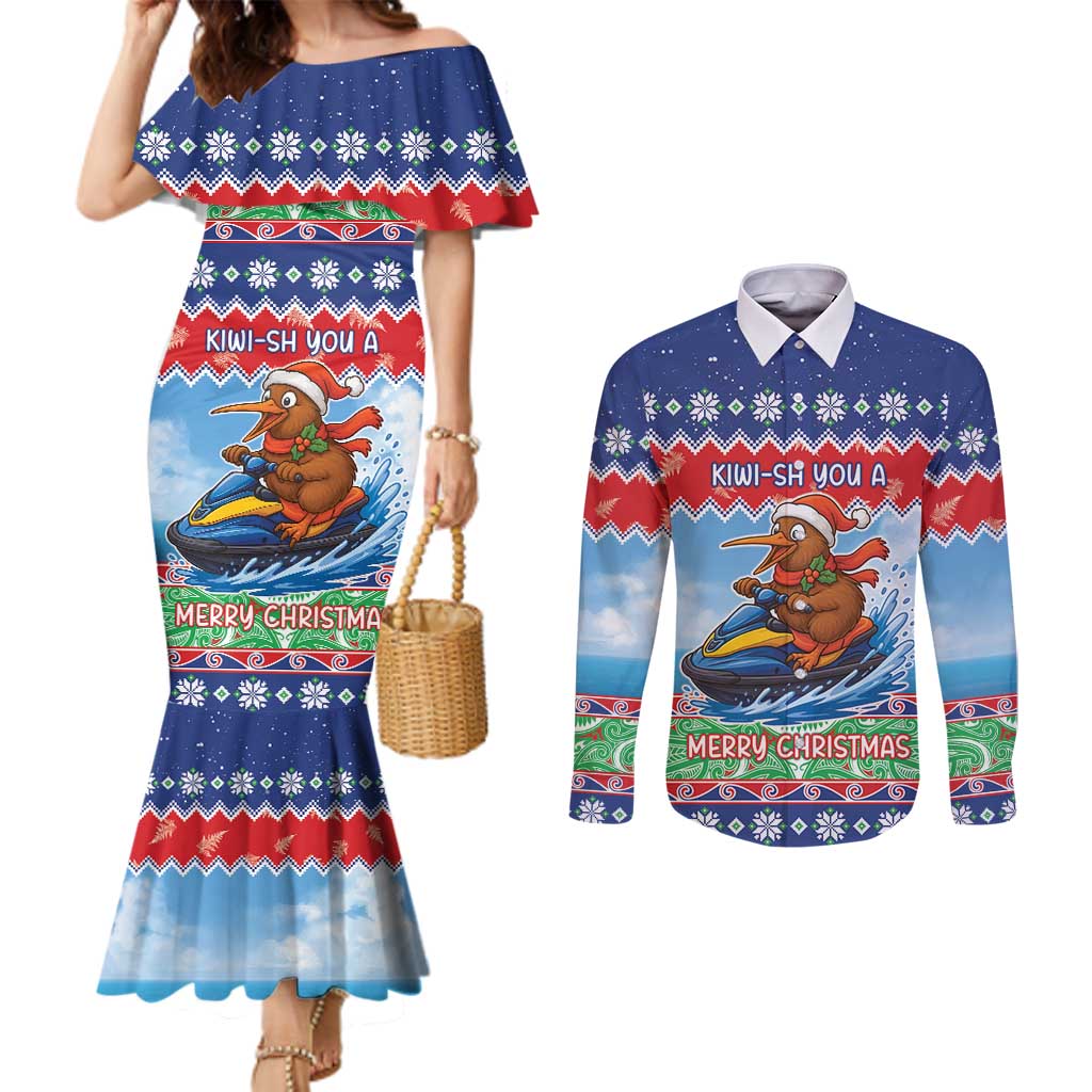 New Zealand Christmas Couples Matching Mermaid Dress and Long Sleeve Button Shirt Funny Jet Ride Kiwi Xmas - Polynesian Pride