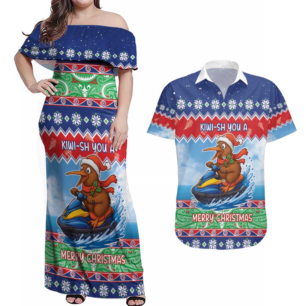 New Zealand Christmas Couples Matching Off Shoulder Maxi Dress and Hawaiian Shirt Funny Jet Ride Kiwi Xmas - Polynesian Pride