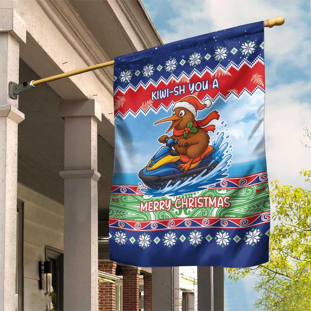 New Zealand Christmas Garden Flag Funny Jet Ride Kiwi Xmas - Polynesian Pride