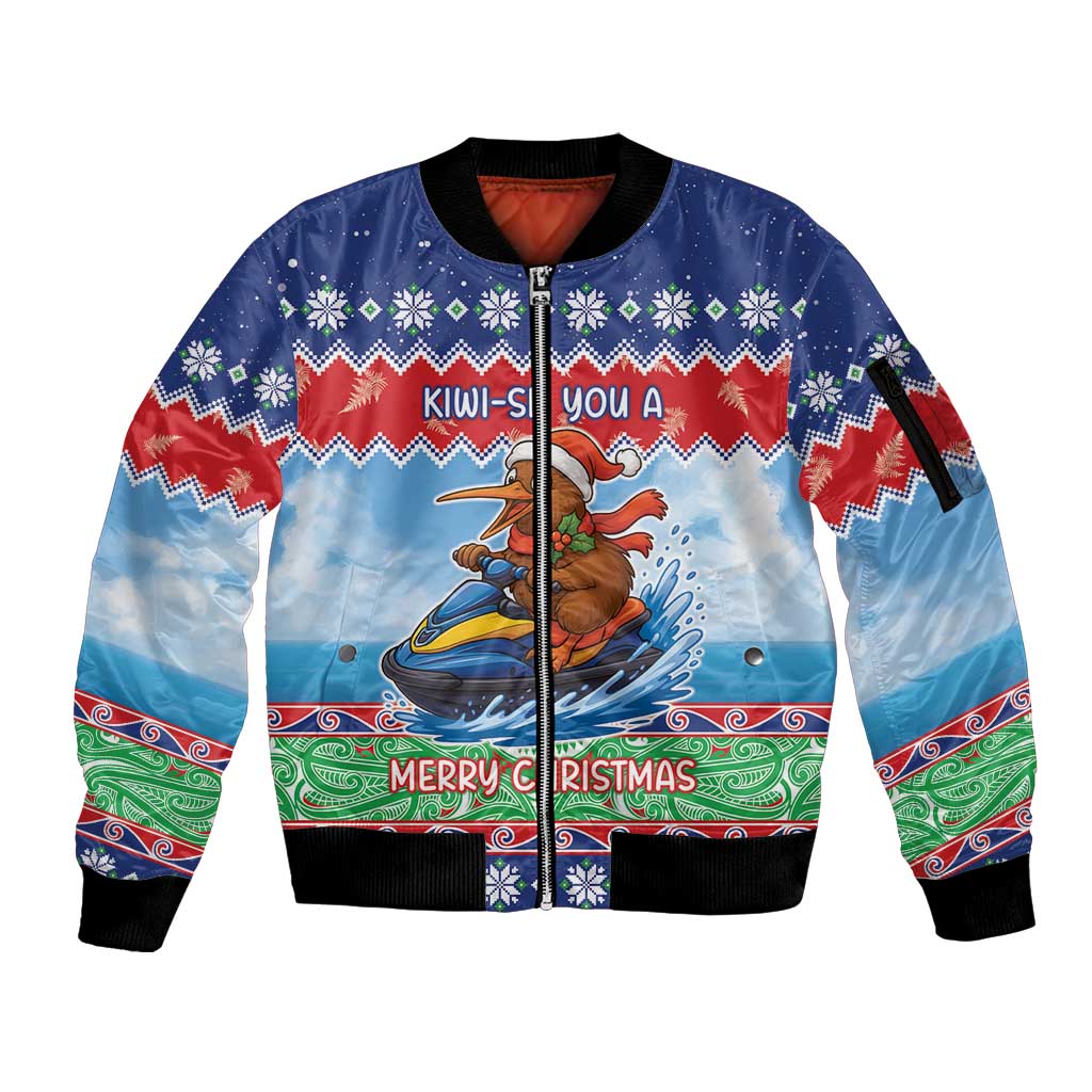 New Zealand Christmas Sleeve Zip Bomber Jacket Funny Jet Ride Kiwi Xmas - Polynesian Pride
