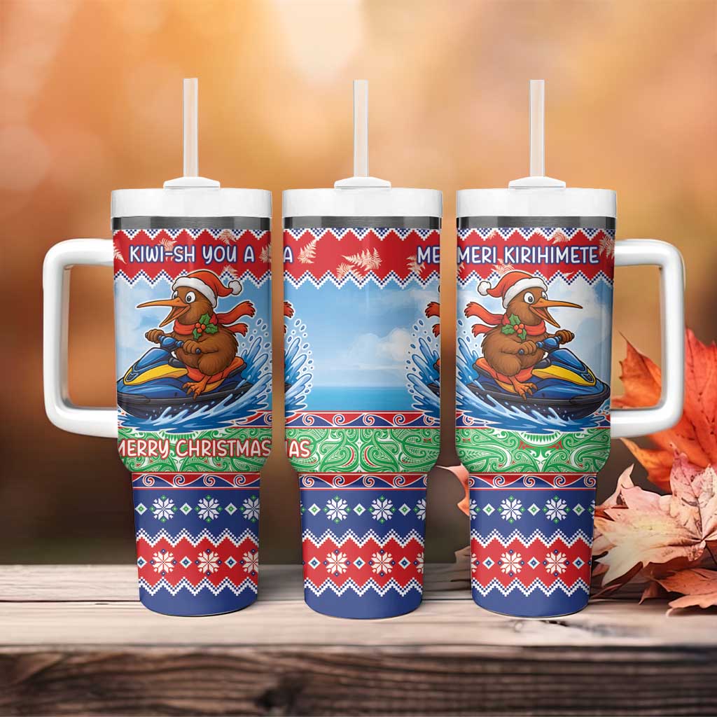 New Zealand Christmas Tumbler With Handle Funny Jet Ride Kiwi Xmas - Polynesian Pride