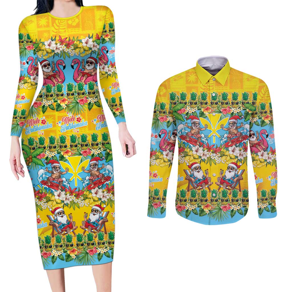 Hawaii Christmas Couples Matching Long Sleeve Bodycon Dress and Long Sleeve Button Shirt Mele Kalikimaka Tropical Vibes - Polynesian Pride