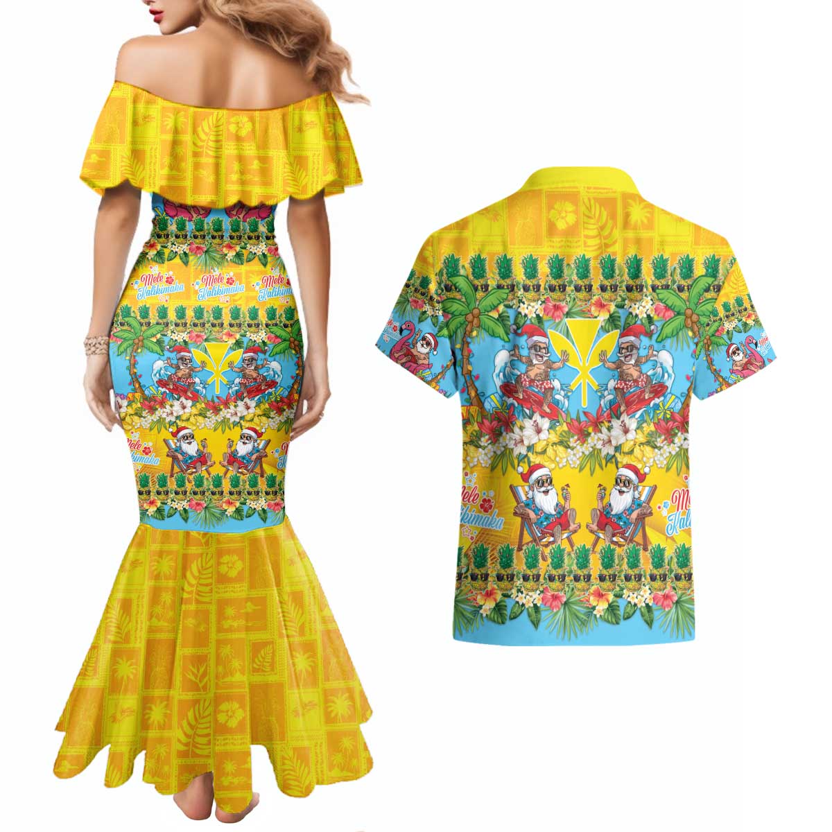 Hawaii Christmas Couples Matching Mermaid Dress and Hawaiian Shirt Mele Kalikimaka Tropical Vibes - Polynesian Pride