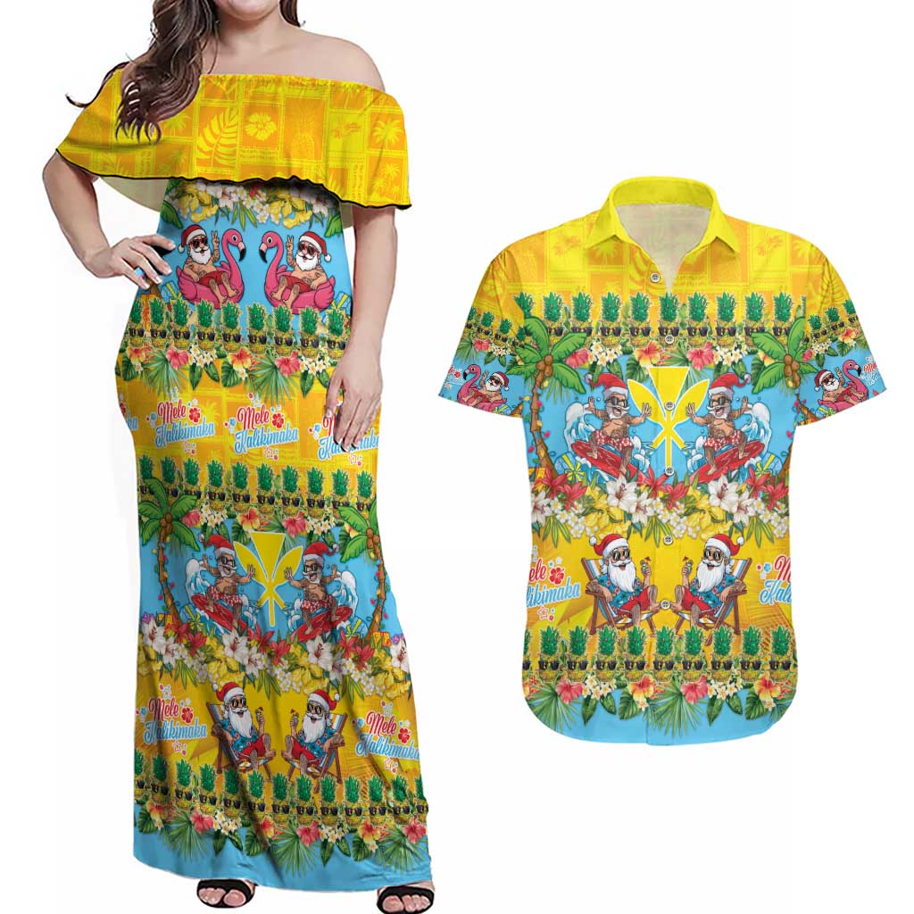 Hawaii Christmas Couples Matching Off Shoulder Maxi Dress and Hawaiian Shirt Mele Kalikimaka Tropical Vibes - Polynesian Pride