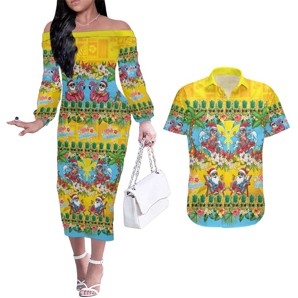 Hawaii Christmas Couples Matching Off The Shoulder Long Sleeve Dress and Hawaiian Shirt Mele Kalikimaka Tropical Vibes - Polynesian Pride