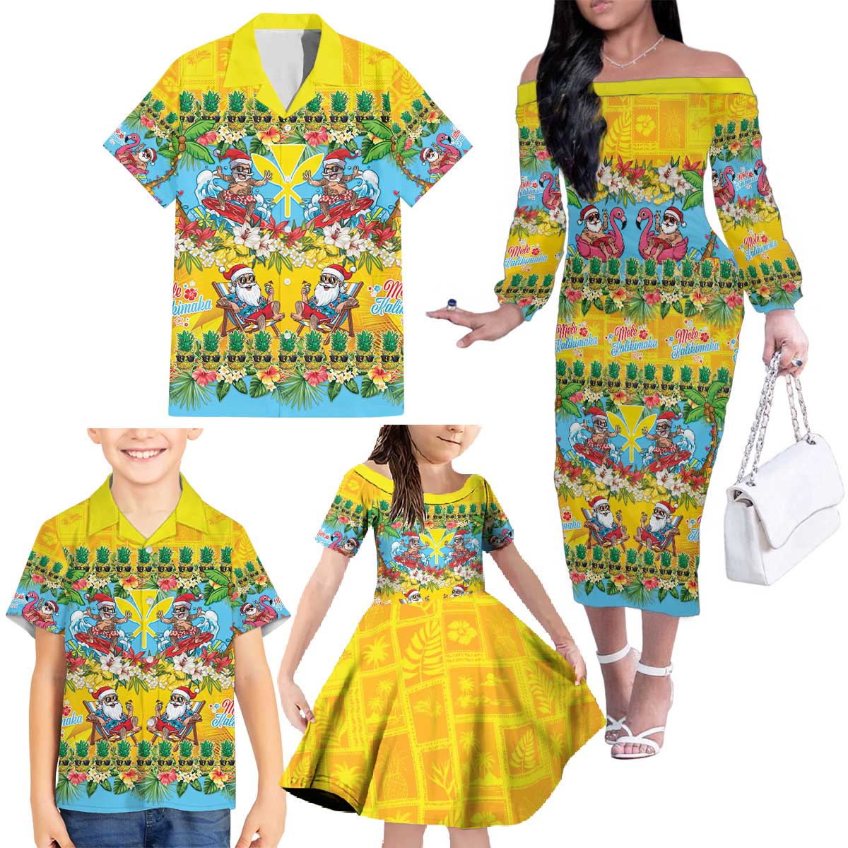 Hawaii Christmas Family Matching Off The Shoulder Long Sleeve Dress and Hawaiian Shirt Mele Kalikimaka Tropical Vibes LT05 - Polynesian Pride