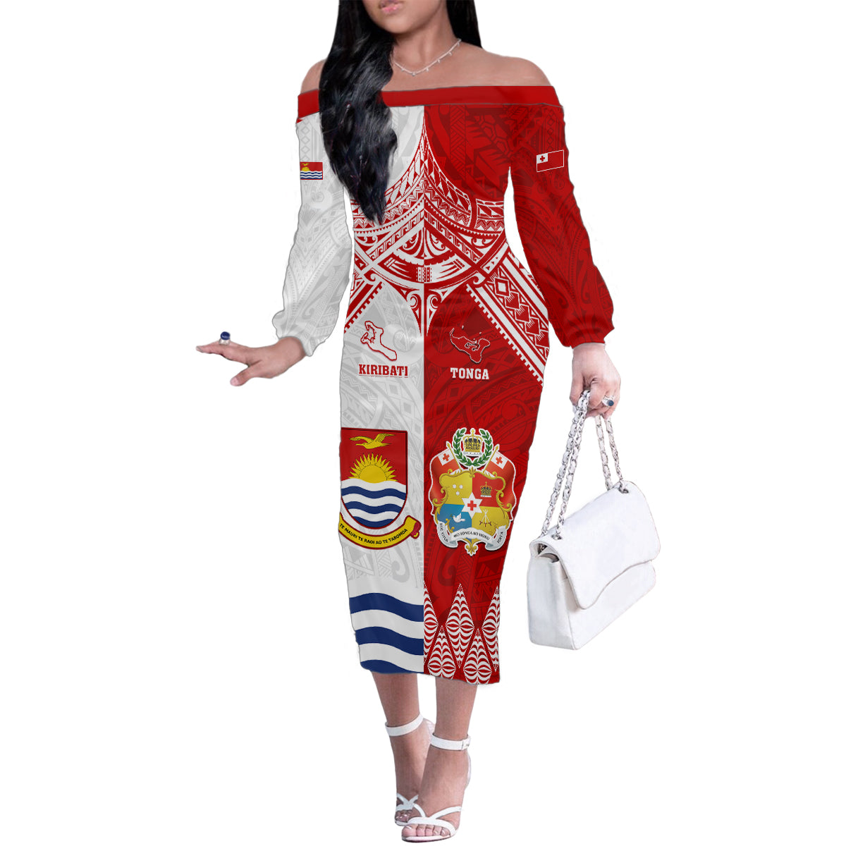Personalised Tonga And Kiribati Family Matching Off Shoulder Long Sleeve Dress and Hawaiian Shirt Coat Of Arms Polynesian Pattern LT05 Mom's Dress Red - Polynesian Pride