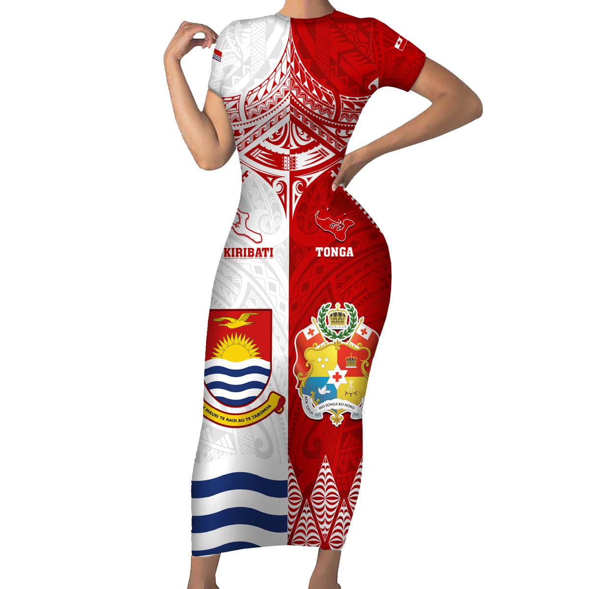 Personalised Tonga And Kiribati Family Matching Short Sleeve Bodycon Dress and Hawaiian Shirt Coat Of Arms Polynesian Pattern LT05 Mom's Dress Red - Polynesian Pride