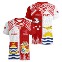 Personalised Tonga And Kiribati Women V Neck T Shirt Coat Of Arms Polynesian Pattern LT05 - Polynesian Pride