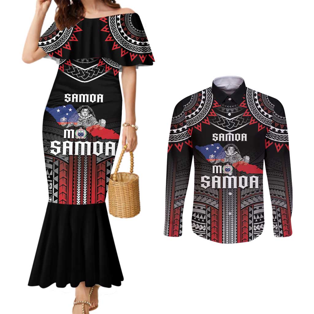 Personalised Samoa Black Saturday Couples Matching Mermaid Dress and Long Sleeve Button Shirt Samoan Warrior Tribal Pattern