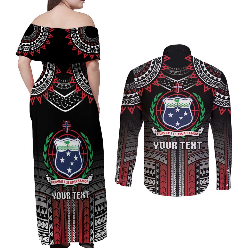 Personalised Samoa Black Saturday Couples Matching Off Shoulder Maxi Dress and Long Sleeve Button Shirt Samoan Warrior Tribal Pattern