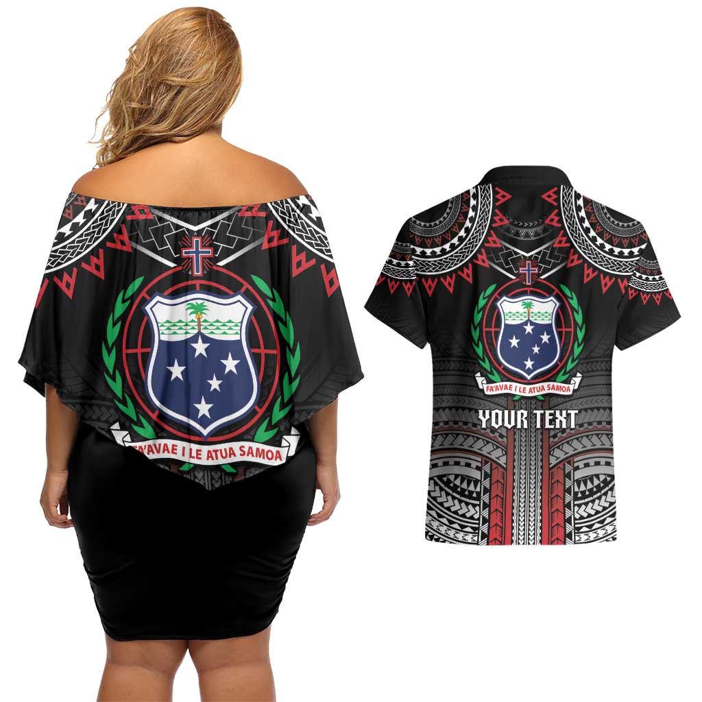 Personalised Samoa Black Saturday Couples Matching Off Shoulder Short Dress and Hawaiian Shirt Samoan Warrior Tribal Pattern