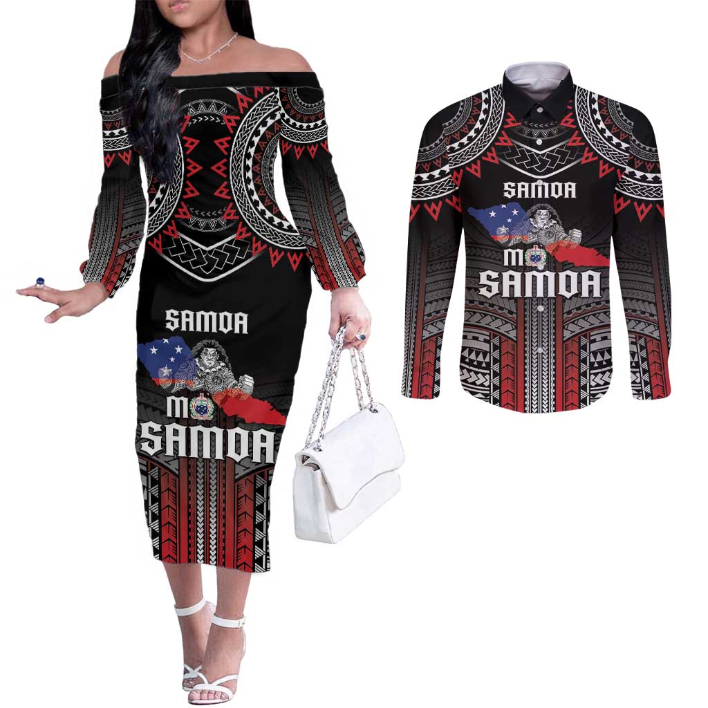 Personalised Samoa Black Saturday Couples Matching Off The Shoulder Long Sleeve Dress and Long Sleeve Button Shirt Samoan Warrior Tribal Pattern