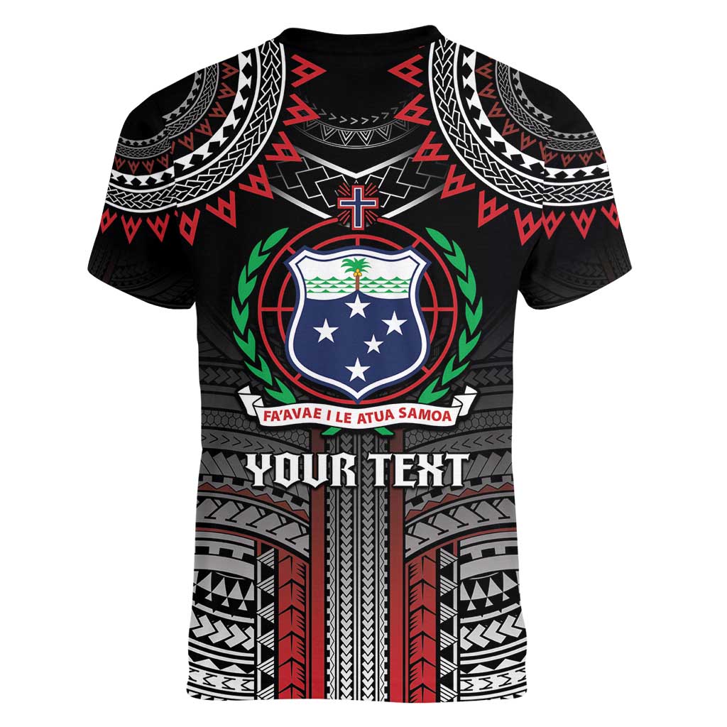 Personalised Samoa Black Saturday Women V-Neck T-Shirt Samoan Warrior Tribal Pattern