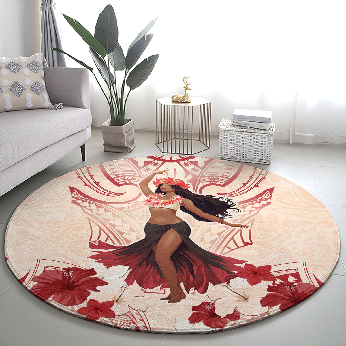 Tahiti Women's Day Round Carpet With Polynesian Pattern