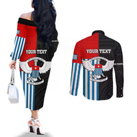 Personalised West Papua Couples Matching Off The Shoulder Long Sleeve Dress and Long Sleeve Button Shirt Polynesian Pattern With Coat Of Arms LT05 - Polynesian Pride