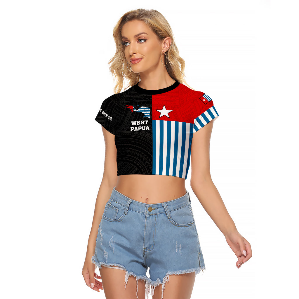 Personalised West Papua Raglan Cropped T Shirt Polynesian Pattern With Coat Of Arms LT05 Female Blue - Polynesian Pride