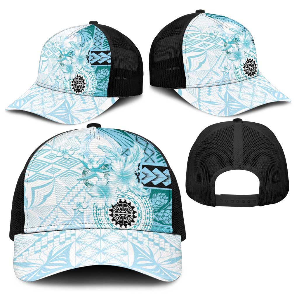 Samoa Siapo Pattern With Teal Hibiscus Baseball Net Cap - Polynesian Pride