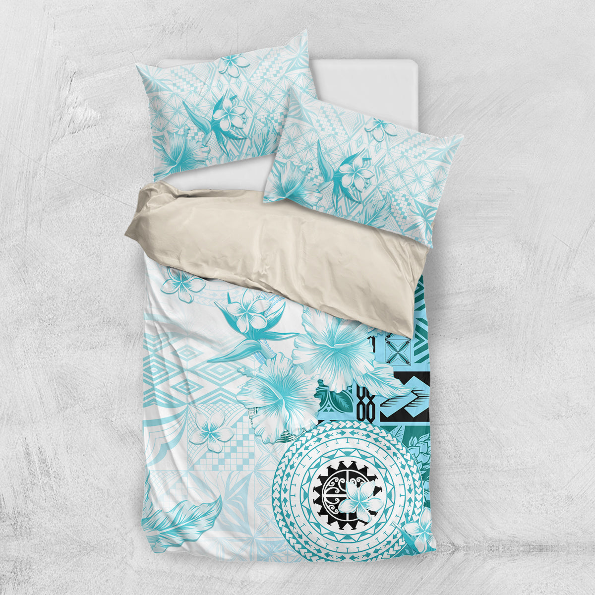 Samoa Siapo Pattern With Teal Hibiscus Bedding Set
