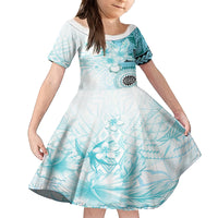 Samoa Siapo Pattern With Teal Hibiscus Family Matching Tank Maxi Dress and Hawaiian Shirt LT05 Daughter's Dress Teal - Polynesian Pride