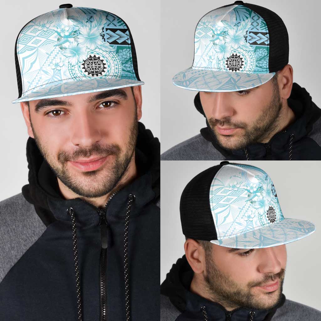Samoa Siapo Pattern With Teal Hibiscus Mesh Trucker Cap - Polynesian Pride