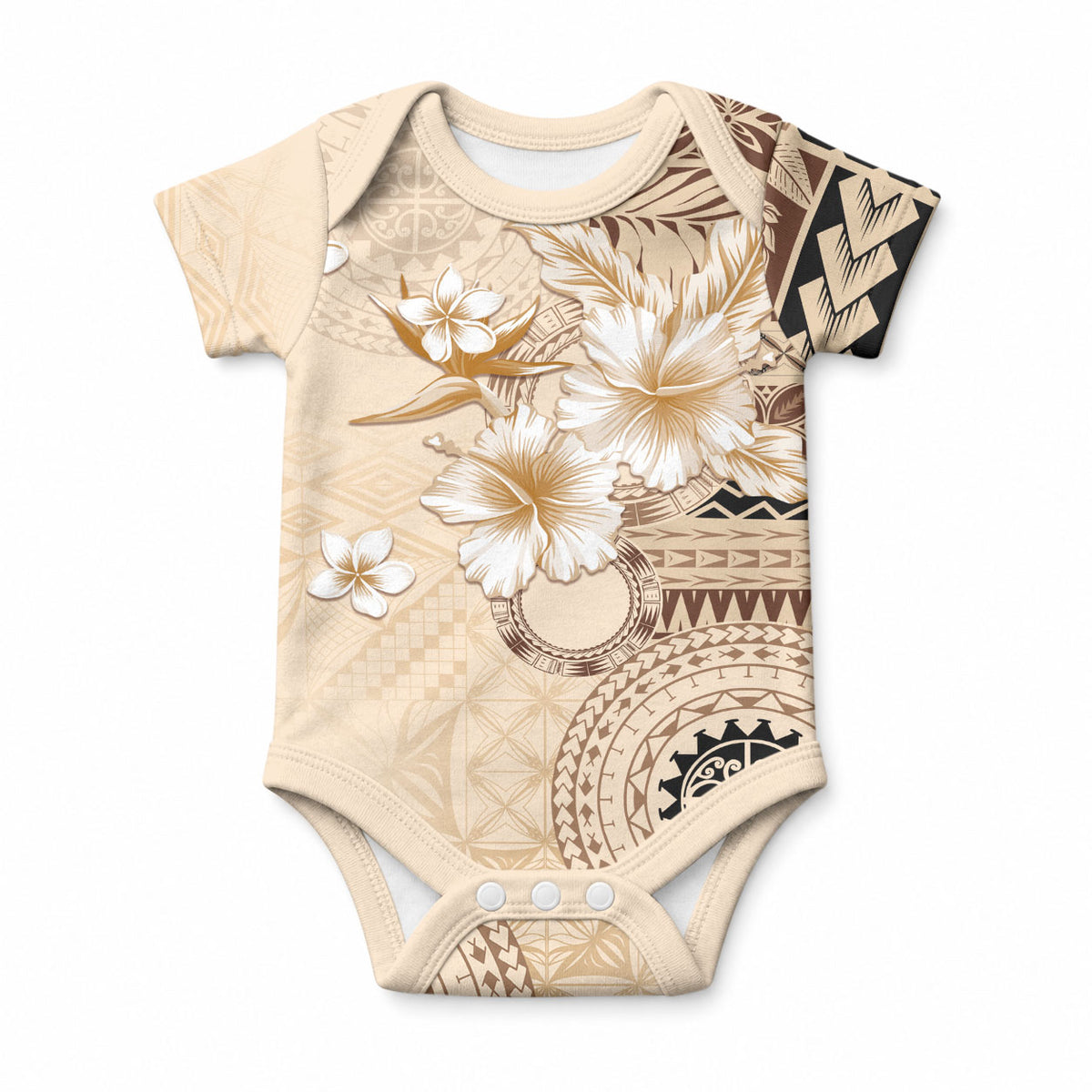 Samoa Siapo Pattern With Beige Hibiscus Baby Onesie LT05 Beige - Polynesian Pride