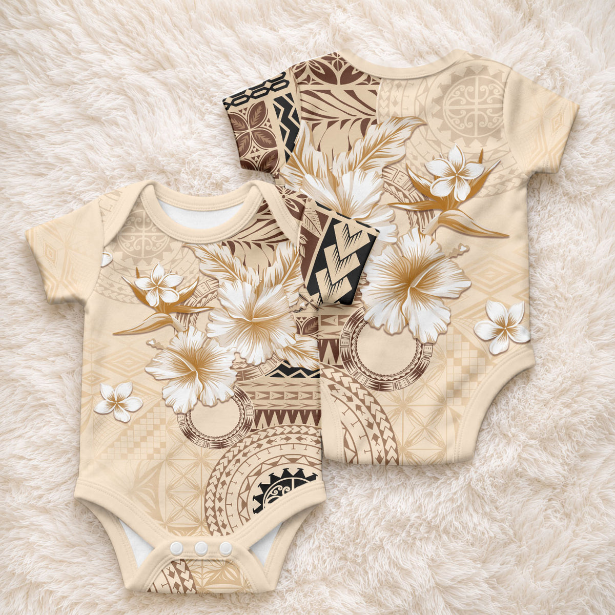 Samoa Siapo Pattern With Beige Hibiscus Baby Onesie LT05 - Polynesian Pride