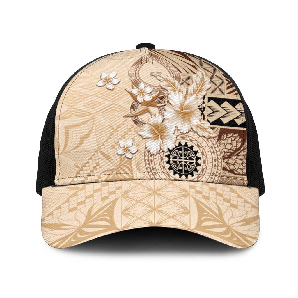 Samoa Siapo Pattern With Beige Hibiscus Baseball Net Cap - Polynesian Pride