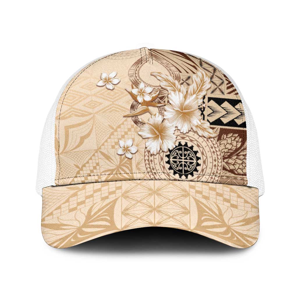 Samoa Siapo Pattern With Beige Hibiscus Baseball Net Cap - Polynesian Pride