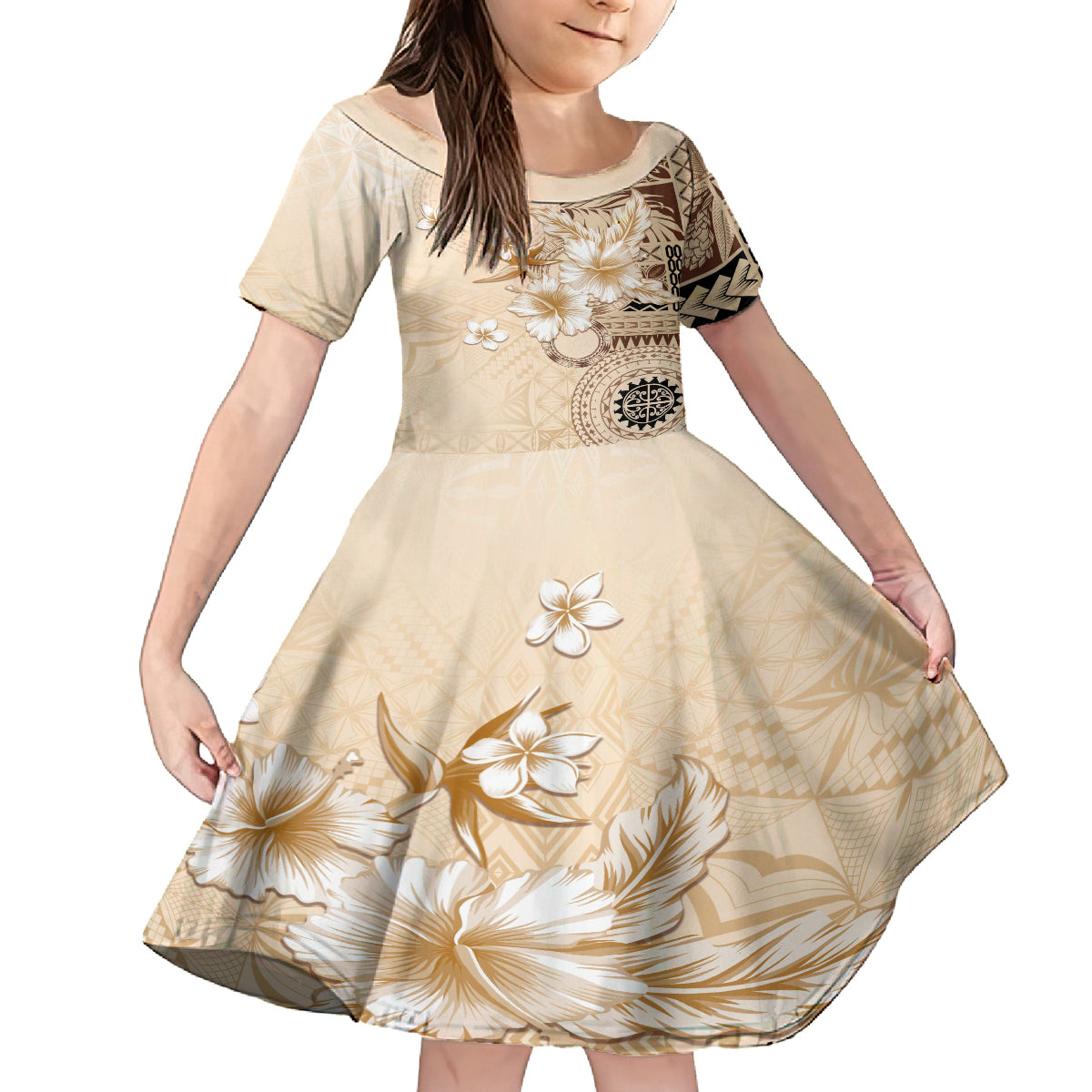 Samoa Siapo Pattern With Beige Hibiscus Family Matching Off Shoulder Long Sleeve Dress and Hawaiian Shirt LT05 Daughter's Dress Beige - Polynesian Pride