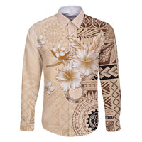 Samoa Siapo Pattern With Beige Hibiscus Family Matching Off Shoulder Long Sleeve Dress and Hawaiian Shirt LT05 Dad's Shirt - Long Sleeve Beige - Polynesian Pride