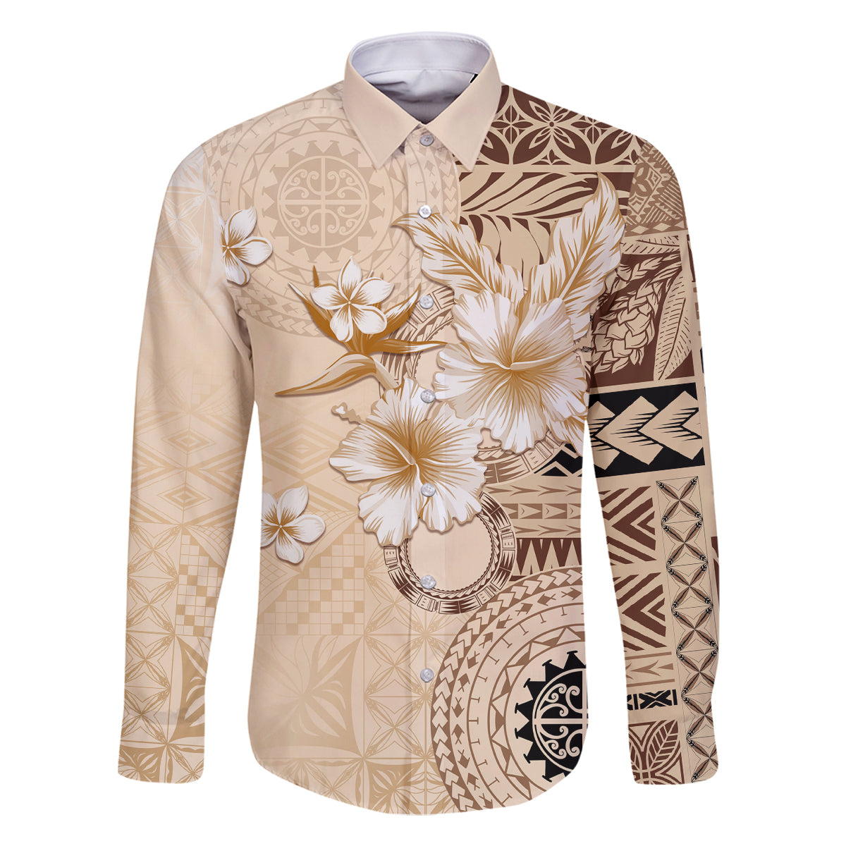 Samoa Siapo Pattern With Beige Hibiscus Family Matching Summer Maxi Dress and Hawaiian Shirt LT05 Dad's Shirt - Long Sleeve Beige - Polynesian Pride