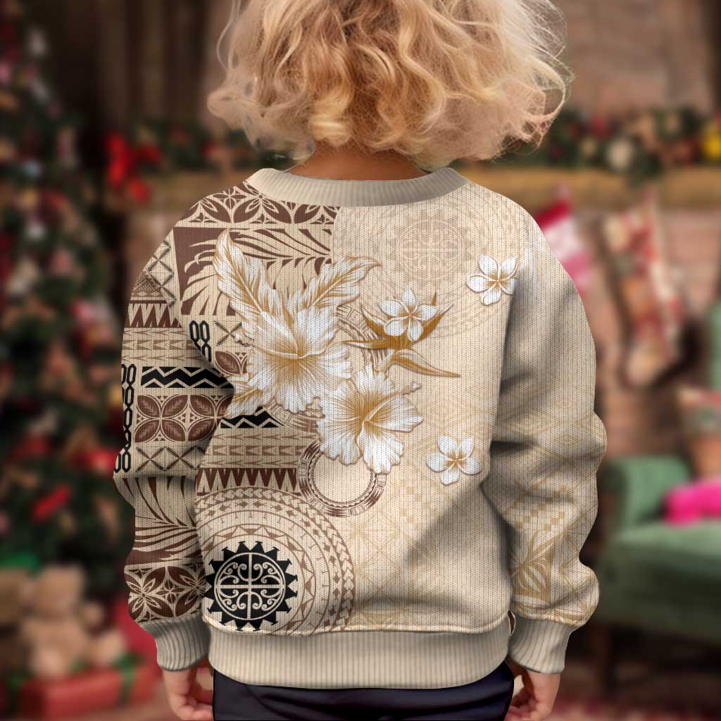 Samoa Siapo Pattern With Beige Hibiscus Kid Ugly Christmas Sweater