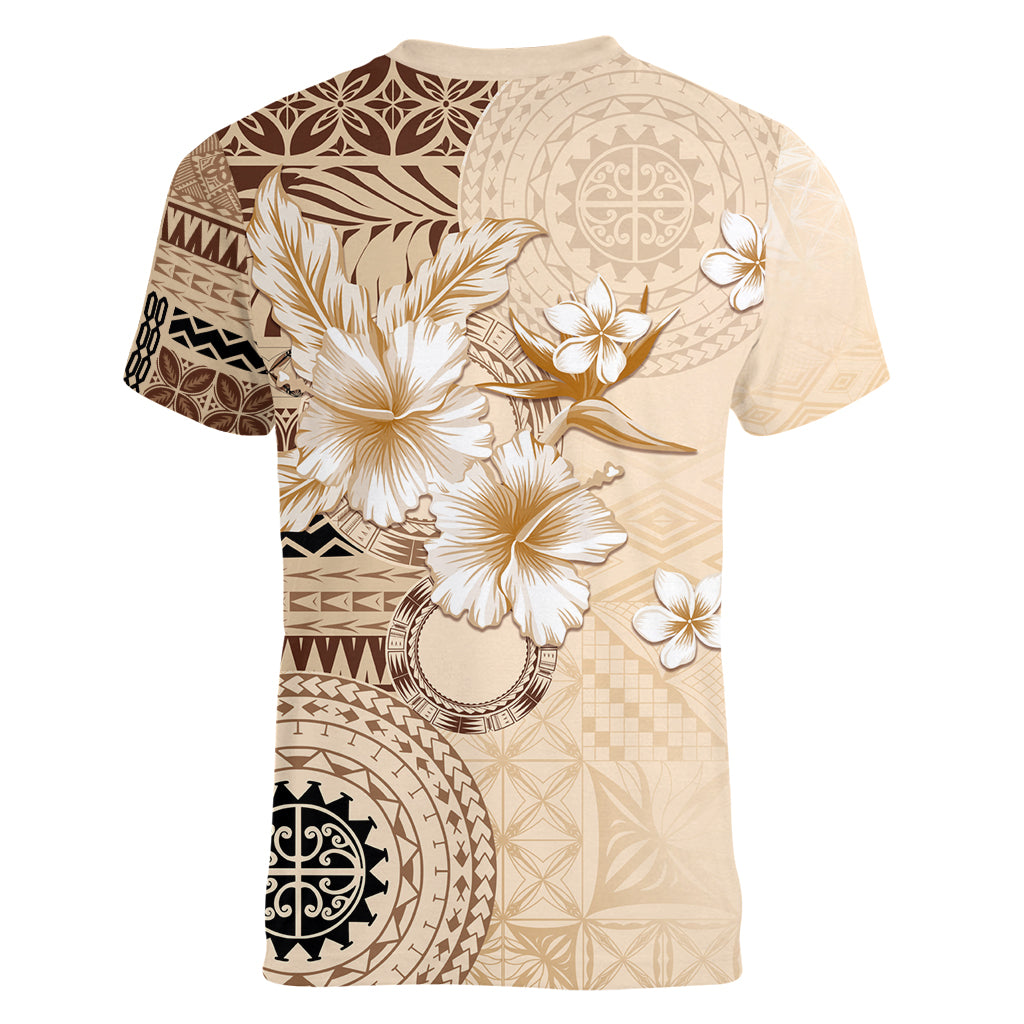 Samoa Siapo Pattern With Beige Hibiscus Women V Neck T Shirt LT05 - Polynesian Pride