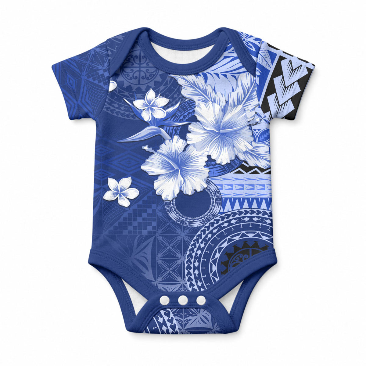 Samoa Siapo Pattern With Navy Hibiscus Baby Onesie LT05 Navy - Polynesian Pride