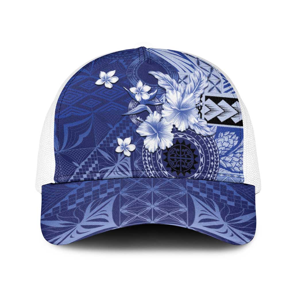Samoa Siapo Pattern With Navy Hibiscus Baseball Net Cap - Polynesian Pride