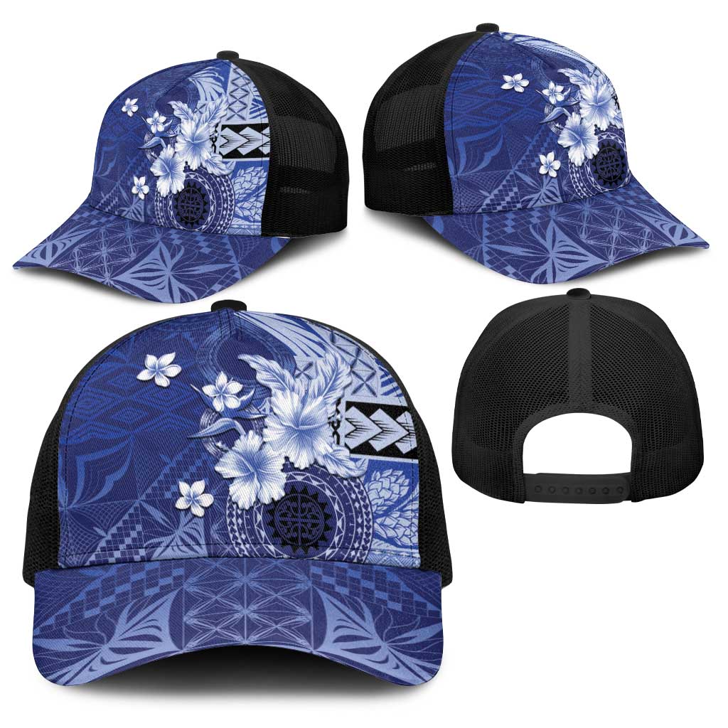 Samoa Siapo Pattern With Navy Hibiscus Baseball Net Cap - Polynesian Pride