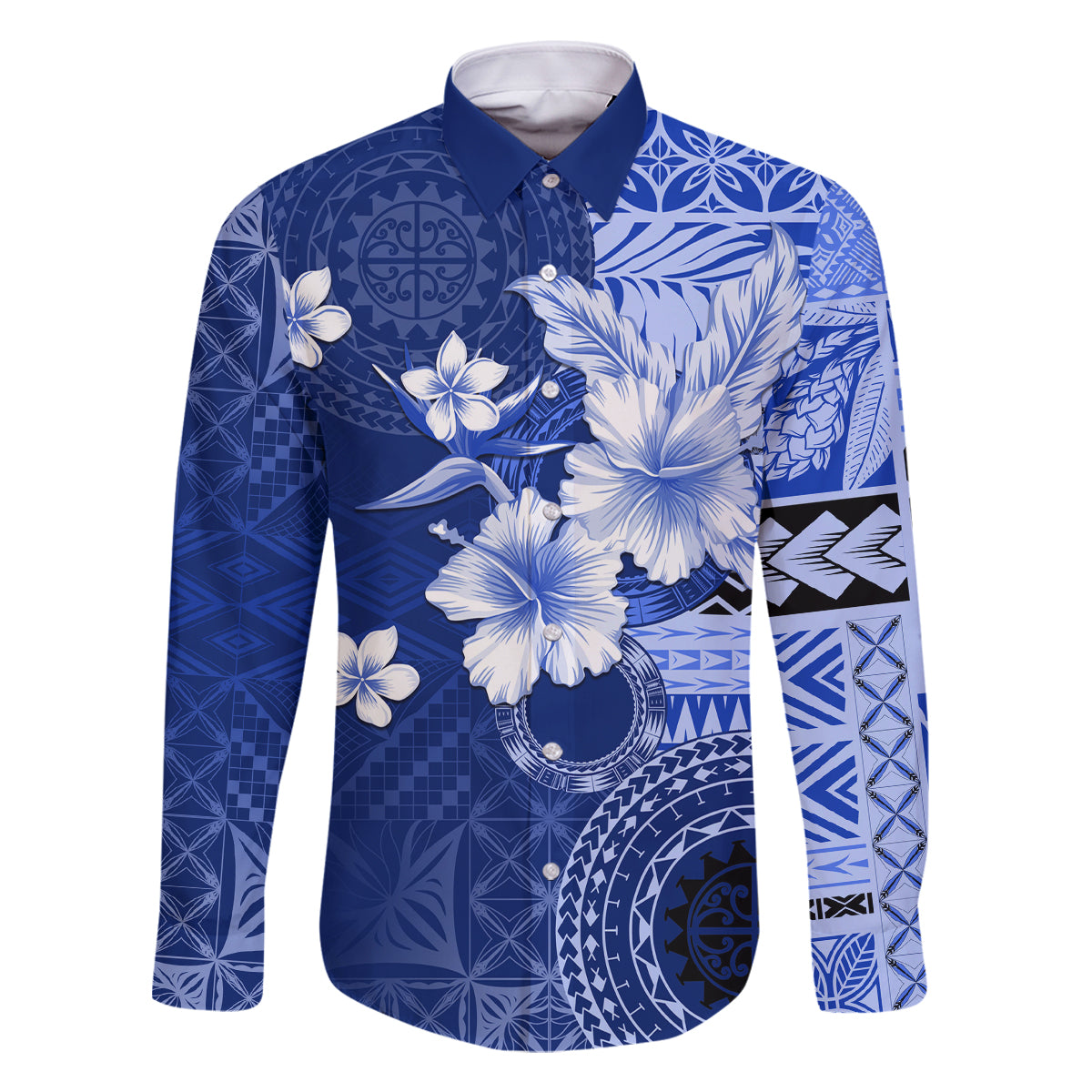 Samoa Siapo Pattern With Navy Hibiscus Family Matching Off Shoulder Short Dress and Hawaiian Shirt LT05 Dad's Shirt - Long Sleeve Navy - Polynesian Pride