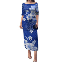 Samoa Siapo Pattern With Navy Hibiscus Family Matching Puletasi and Hawaiian Shirt LT05 Mom's Dress Navy - Polynesian Pride