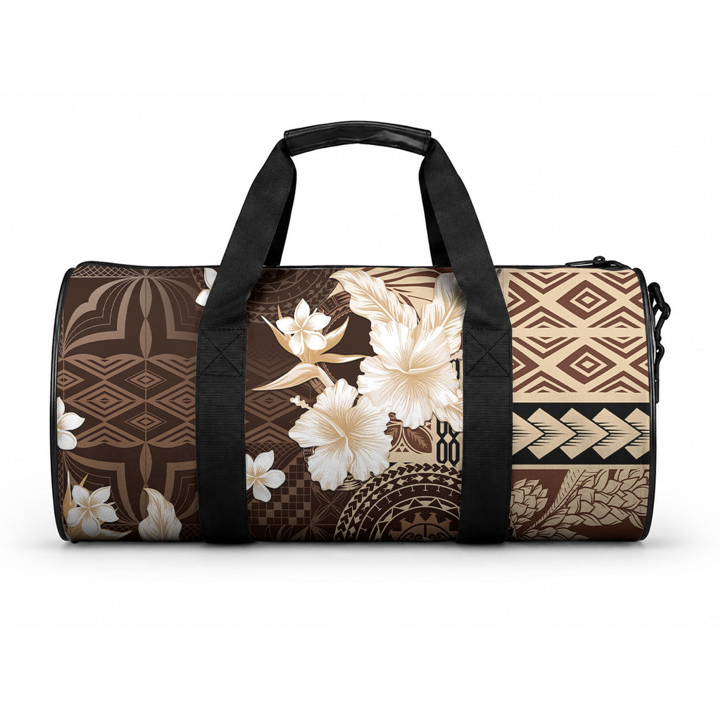 Samoa Siapo Pattern With Brown Hibiscus Duffle Bag LT05 One size Brown - Polynesian Pride