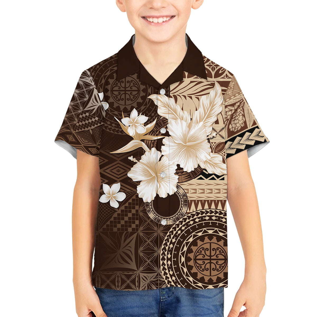 Samoa Siapo Pattern With Brown Hibiscus Family Matching Long Sleeve Bodycon Dress and Hawaiian Shirt LT05 Son's Shirt Brown - Polynesian Pride