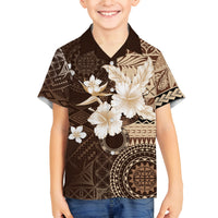 Samoa Siapo Pattern With Brown Hibiscus Family Matching Long Sleeve Bodycon Dress and Hawaiian Shirt LT05 Son's Shirt Brown - Polynesian Pride