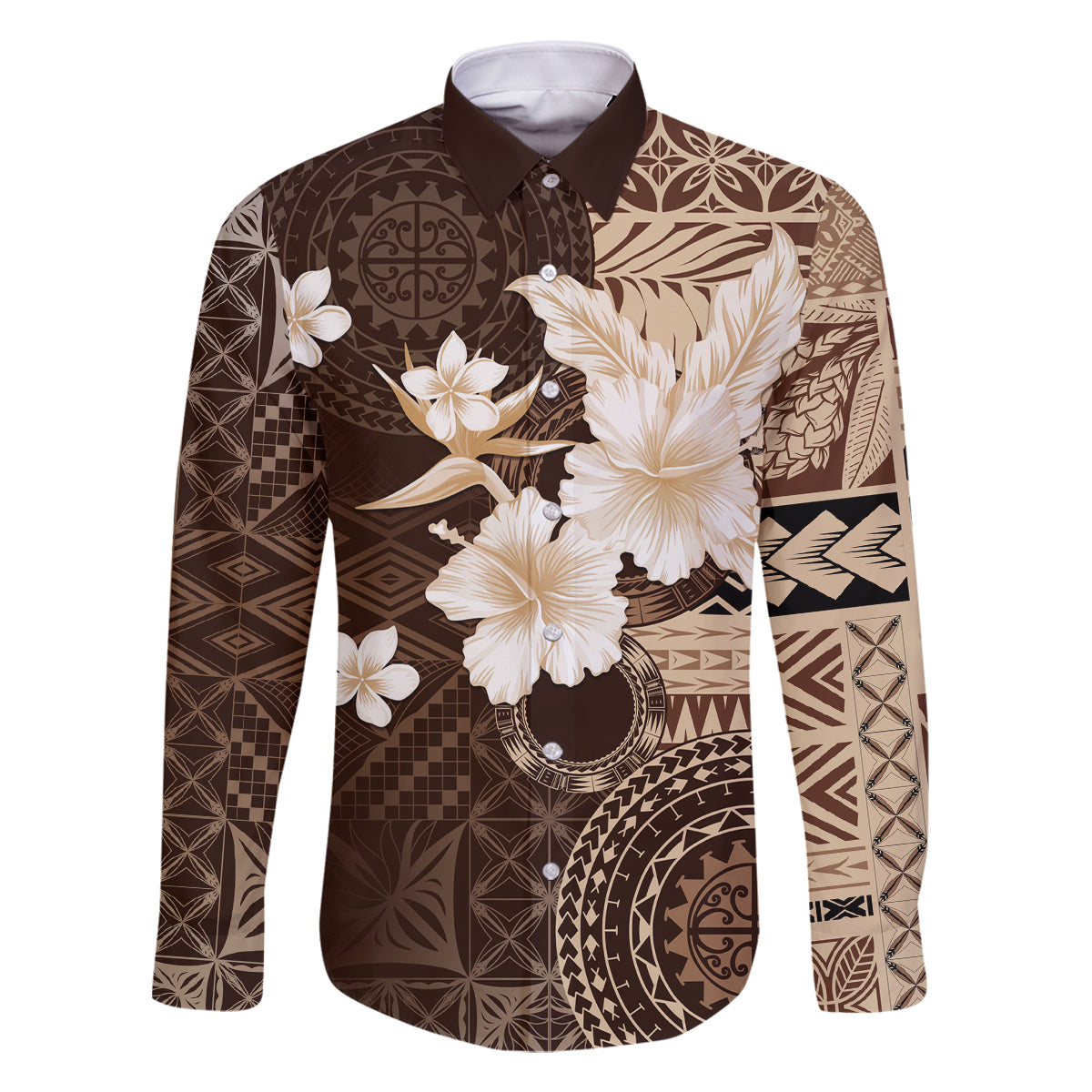 Samoa Siapo Pattern With Brown Hibiscus Family Matching Summer Maxi Dress and Hawaiian Shirt LT05 Dad's Shirt - Long Sleeve Brown - Polynesian Pride