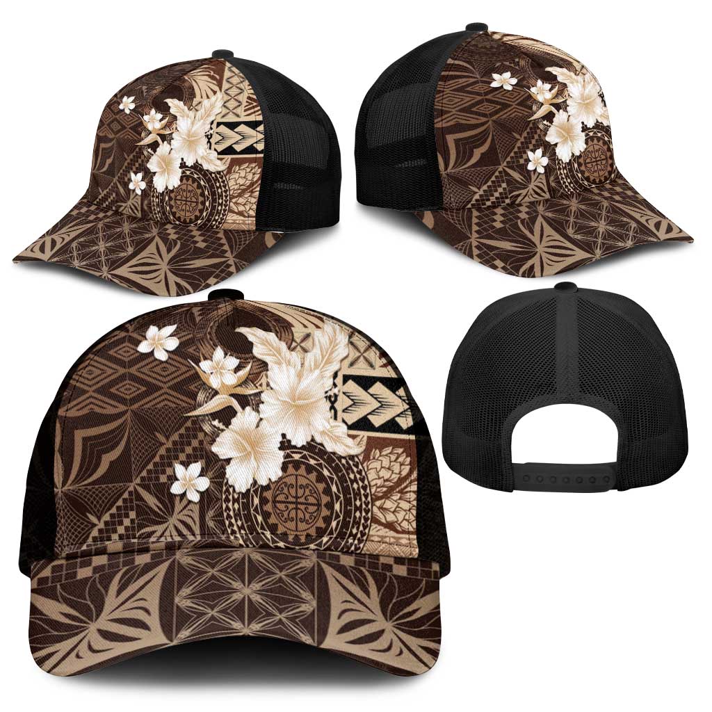 Samoa Siapo Pattern With Brown Hibiscus Mesh Trucker Cap - Polynesian Pride