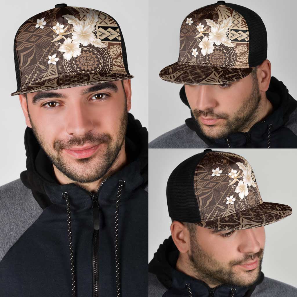 Samoa Siapo Pattern With Brown Hibiscus Mesh Trucker Cap - Polynesian Pride