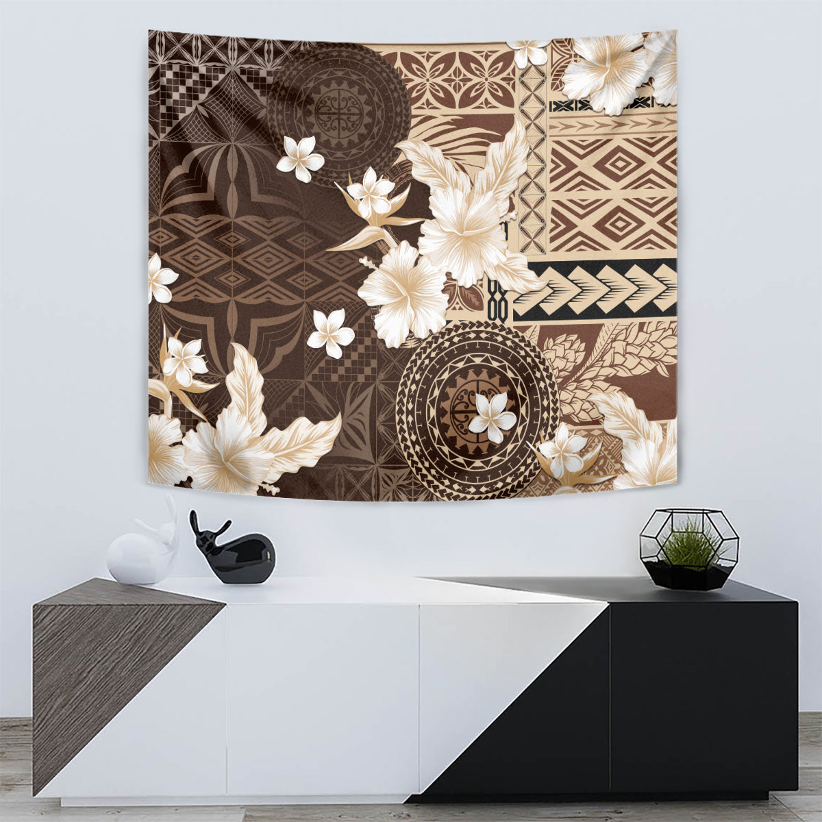 Samoa Siapo Pattern With Brown Hibiscus Tapestry