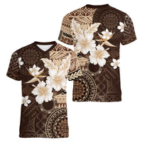 Samoa Siapo Pattern With Brown Hibiscus Women V Neck T Shirt LT05 - Polynesian Pride
